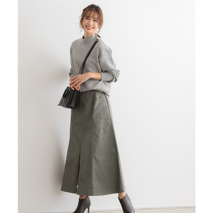 グレイッシュカーキ | 前スリットチノフレアスカート スカート フレアスカート チノスカート ミモレス | Pierrot