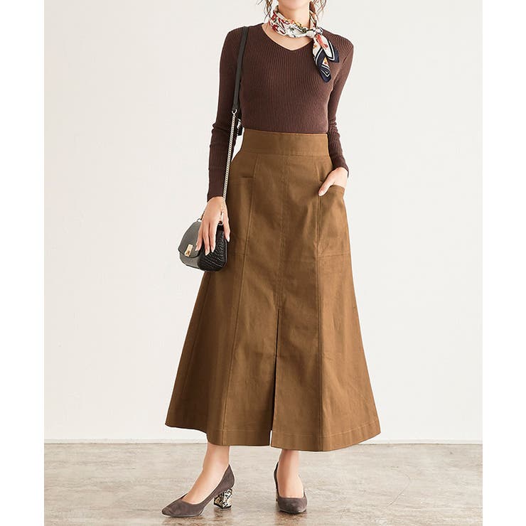 キャメル | 前スリットチノフレアスカート スカート フレアスカート チノスカート ミモレス | Pierrot