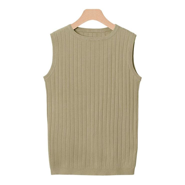 ベージュ | 選べるノースリーブリブニットニット トップス リブ ノースリ Vネック クルー | Pierrot
