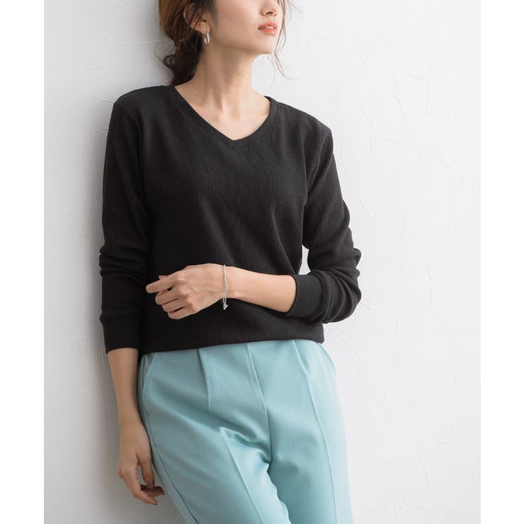 ブラック | ネックが選べる ワッフルロンTTシャツ 長袖 | Pierrot