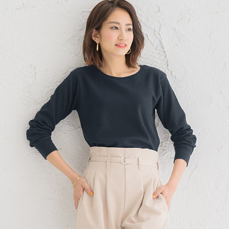 ネイビー | ネックが選べる ワッフルロンTTシャツ 長袖 | Pierrot