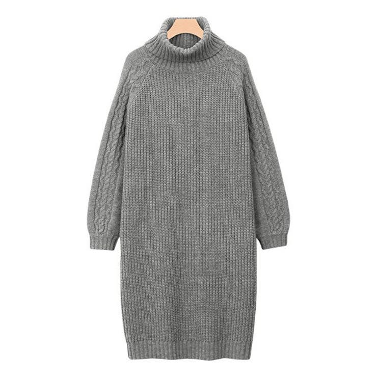 袖ケーブル タートルニットワンピースケーブル編み 畦編み