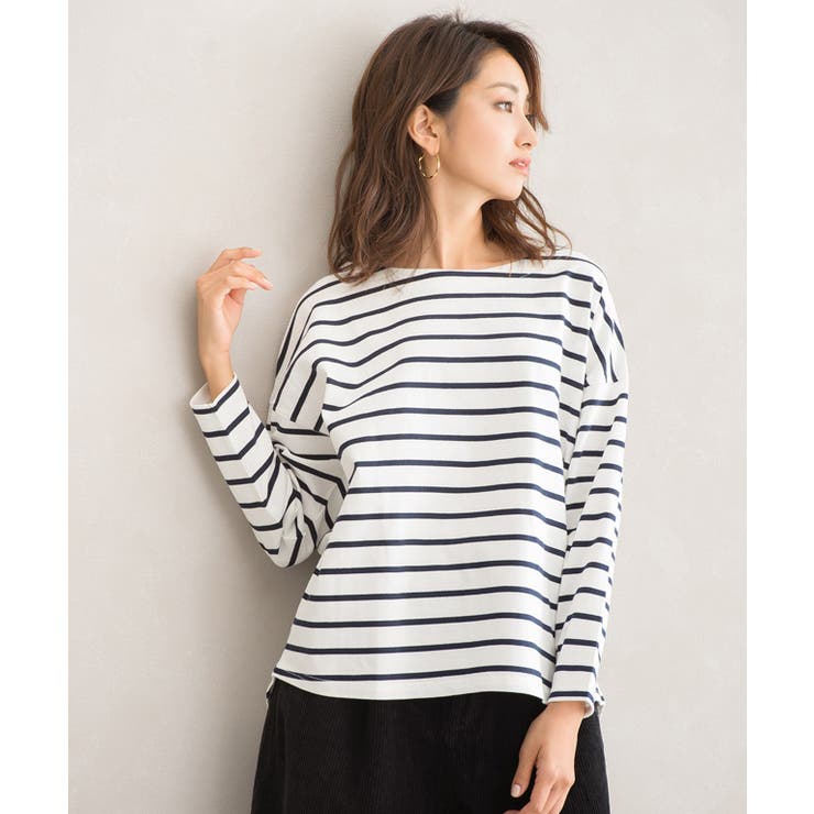 オフホワイト×ネイビー | 綿100％ボートネックカットソー ボートネック ボートネックTシャツ カットソ | Pierrot