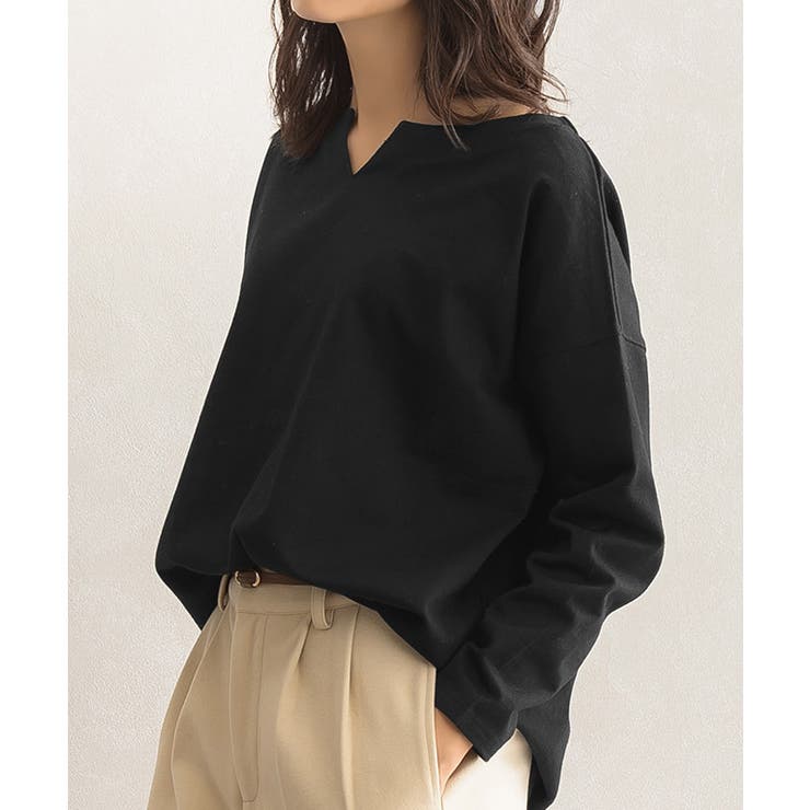 ブラック | 綿100％キーネックカットソー キーネック キーネックTシャツ カットソー | Pierrot