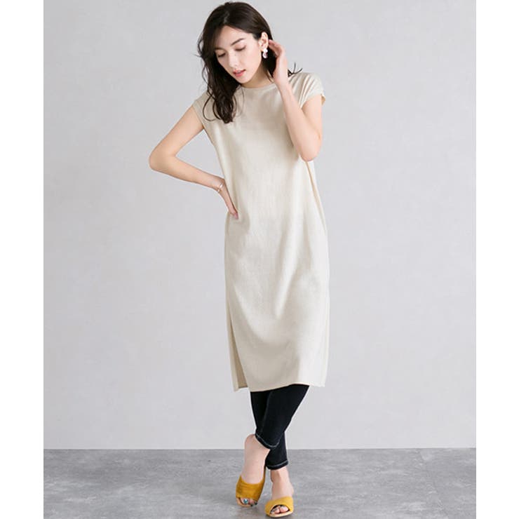 アイボリー | 綿混フレンチロングニット綿混 コットン 綿 リブ フレンチスリーブ クルー | Pierrot