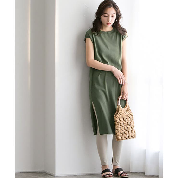 グレイッシュカーキ | 綿混フレンチロングニット綿混 コットン 綿 リブ フレンチスリーブ クルー | Pierrot