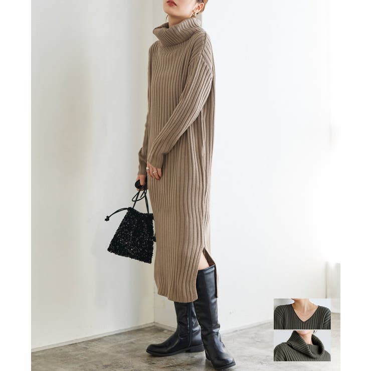 キャメルベージュ | 選べる2ネックリブニットワンピース ワンピース リブ リブニット リブワンピ | Pierrot
