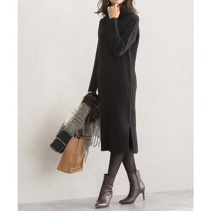 ブラック | 選べる2ネックリブニットワンピース ワンピース リブ リブニット リブワンピ | Pierrot