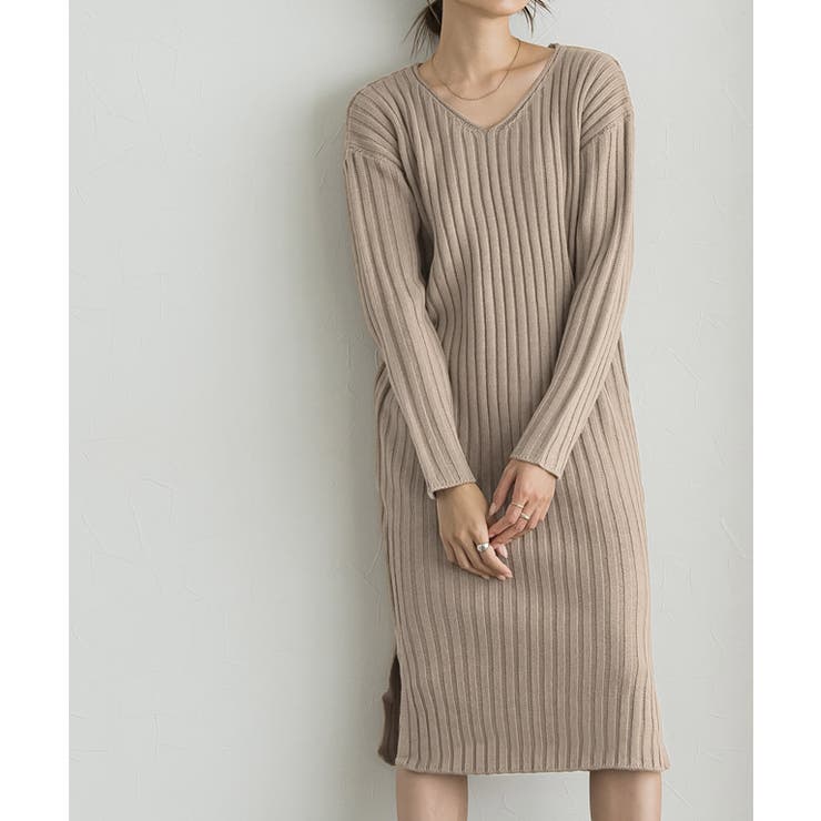 モカベージュ | 選べる2ネックリブニットワンピース ワンピース リブ リブニット リブワンピ | Pierrot