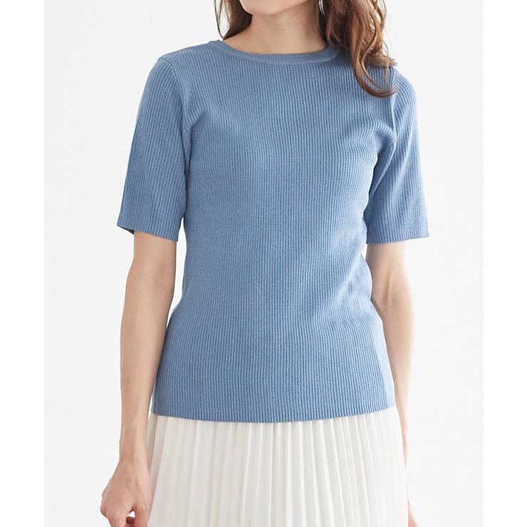 リネンタッチクルーネック半袖リブニット サマーニット リネン