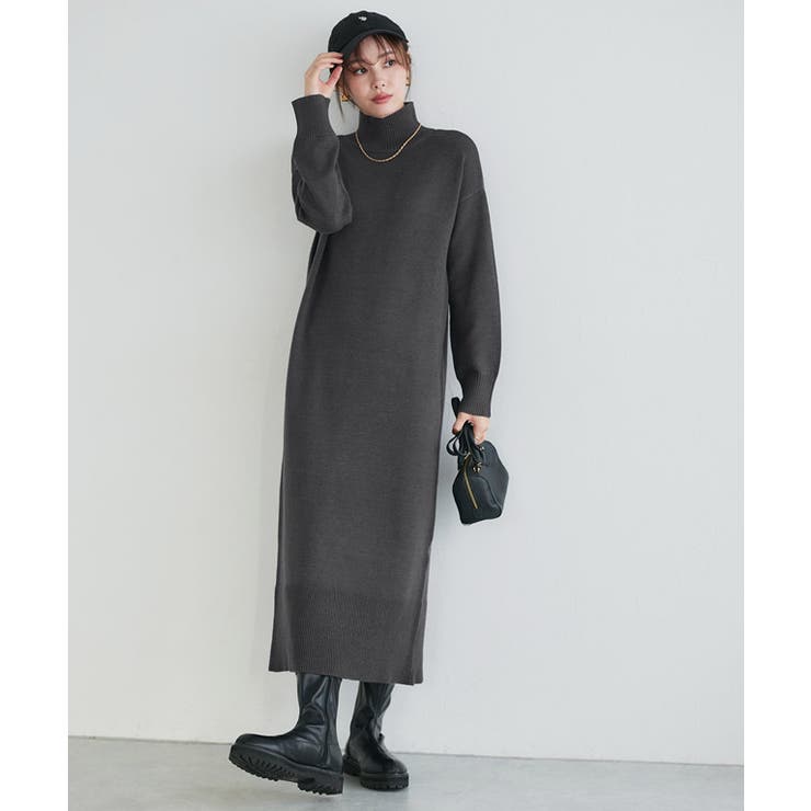 ダークチャコール | もっちりカシミヤタッチハイネックロングニットワンピース ニットワンピ | Pierrot