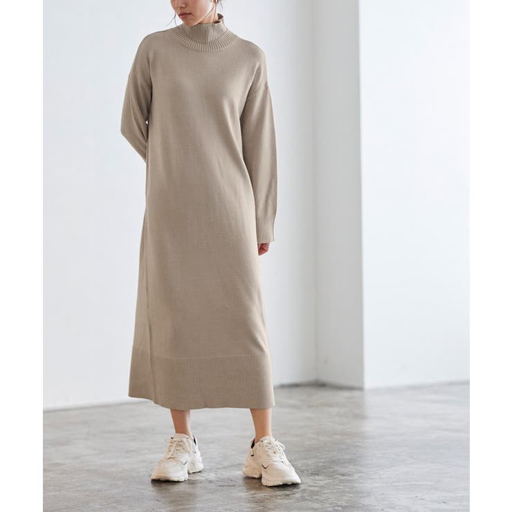 もっちりカシミヤタッチハイネックロングニットワンピース