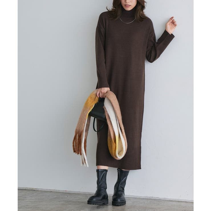 もっちりカシミヤタッチハイネックロングニットワンピース