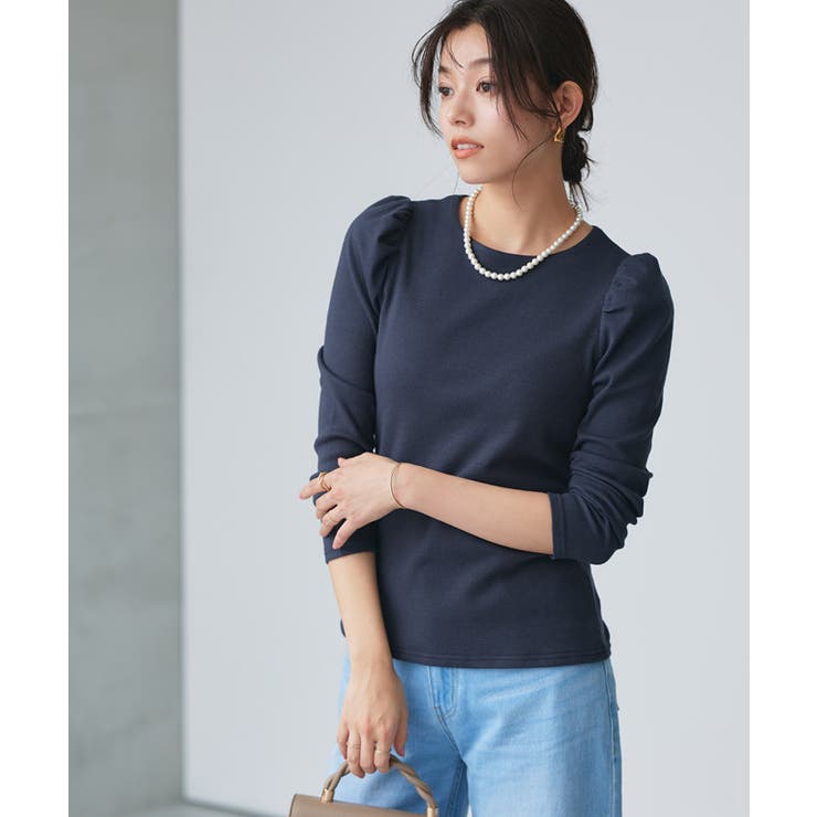 ネイビー | パフスリーブテレコリブカットソー カットソー パフスリーブ テレコリブ | Pierrot
