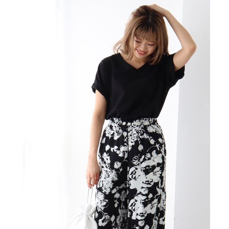 ブラック | VネックシルケットコットンTシャツ Tシャツ カットソー | Pierrot