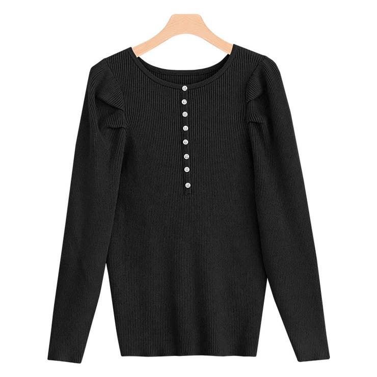 ブラック | ボリュームスリーブリブニット ニット デザインニット | Pierrot