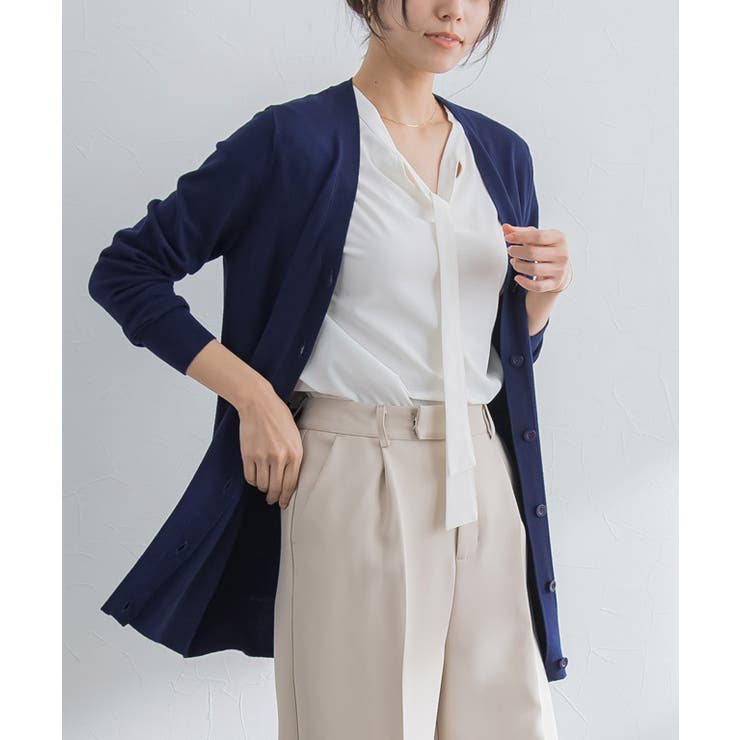 ネイビー | Vネックロングシルクタッチウォッシャブルニットカーディガン カーディガン ニット | Pierrot