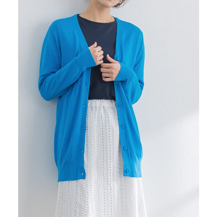 セルリアンブルー | Vネックロングシルクタッチウォッシャブルニットカーディガン カーディガン ニット | Pierrot