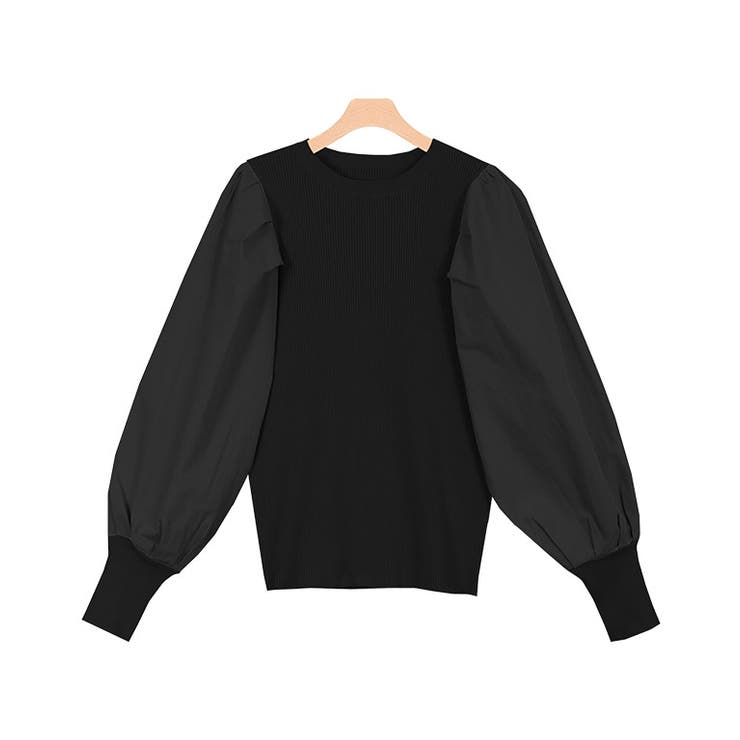 ブラック | シルクタッチ布帛切り替えボリュームスリーブニット ニット シルクタッチ | Pierrot