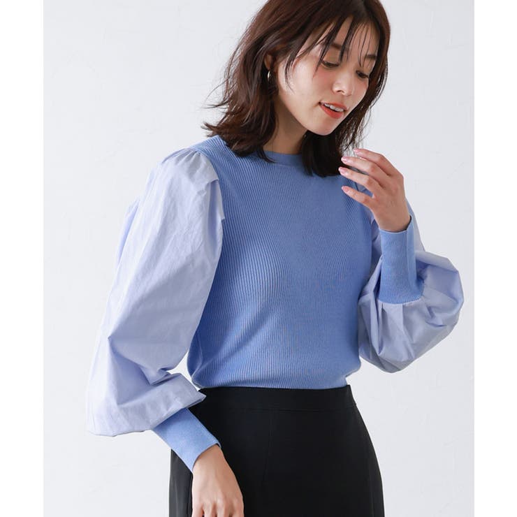 ブルー | シルクタッチ布帛切り替えボリュームスリーブニット ニット シルクタッチ | Pierrot