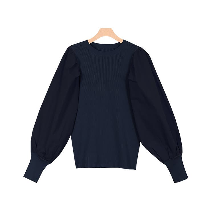 ネイビー | シルクタッチ布帛切り替えボリュームスリーブニット ニット シルクタッチ | Pierrot