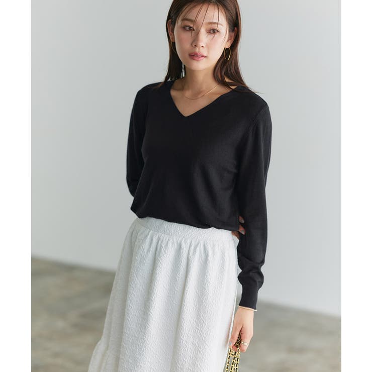 ブラック | Vネックシルクタッチウォッシャブルニット ニット 選べるネック | Pierrot