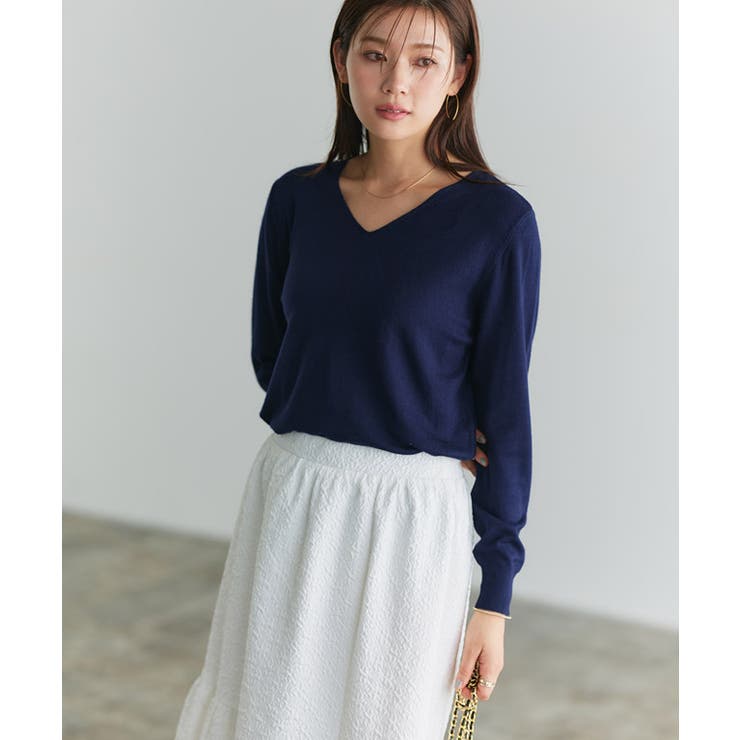 ネイビー | Vネックシルクタッチウォッシャブルニット ニット 選べるネック | Pierrot