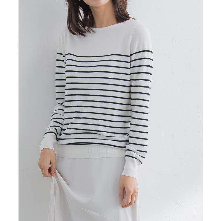 オフホワイト×ブラック | ボートネックシルクタッチウォッシャブルニット ニット シルクタッチ | Pierrot