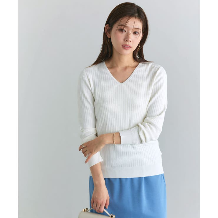 オフホワイト | Vネックシルクタッチウォッシャブルリブニット ニット シルクタッチ | Pierrot