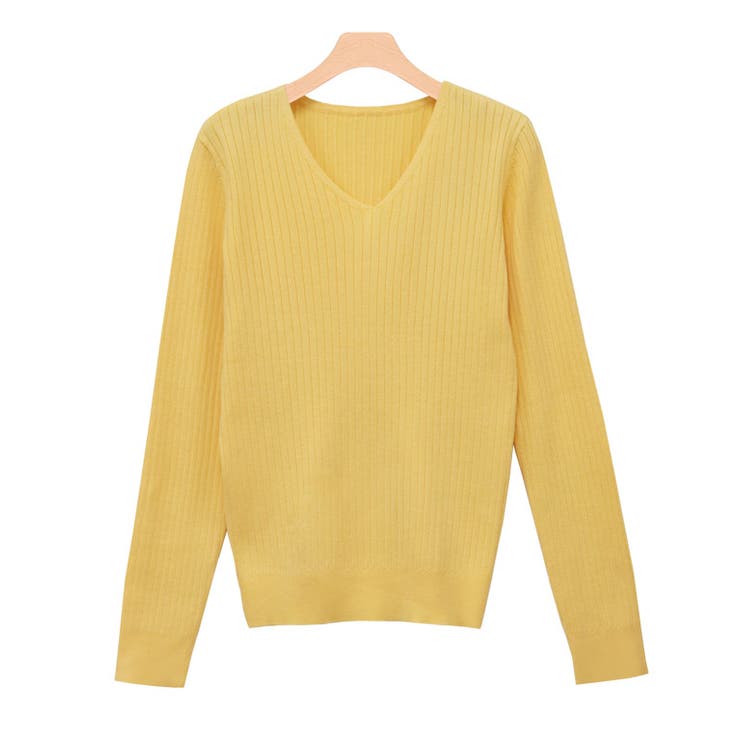 イエロー_ | Vネックシルクタッチウォッシャブルリブニット ニット シルクタッチ | Pierrot
