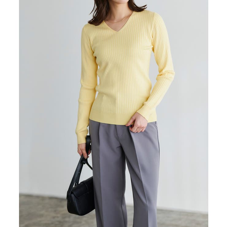イエロー | Vネックシルクタッチウォッシャブルリブニット ニット シルクタッチ | Pierrot