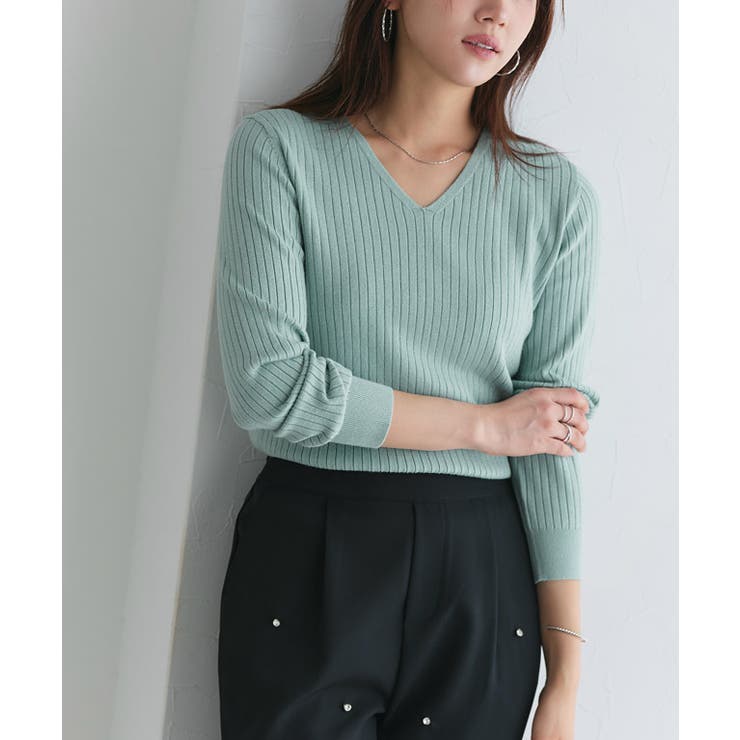 ブルーミント | Vネックシルクタッチウォッシャブルリブニット ニット シルクタッチ | Pierrot