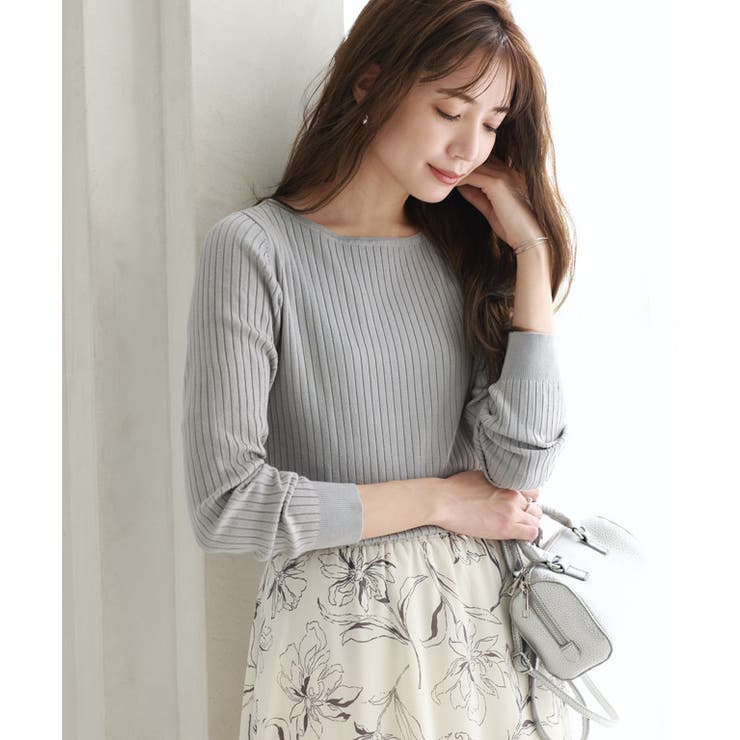 グレー | ボートネックシルクタッチウォッシャブルリブニット ニット シルクタッチ | Pierrot