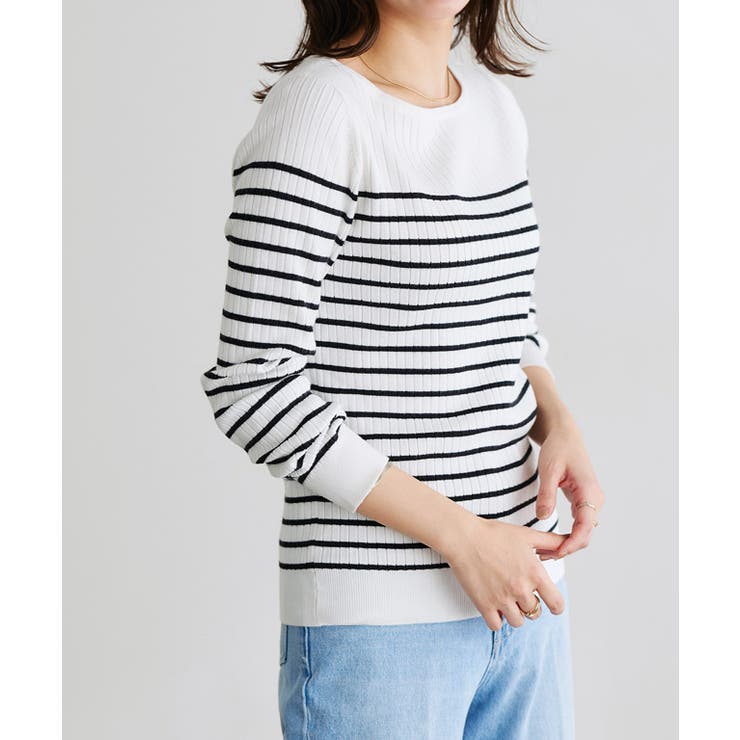 オフホワイト×ブラック | ボートネックシルクタッチウォッシャブルリブニット ニット シルクタッチ | Pierrot