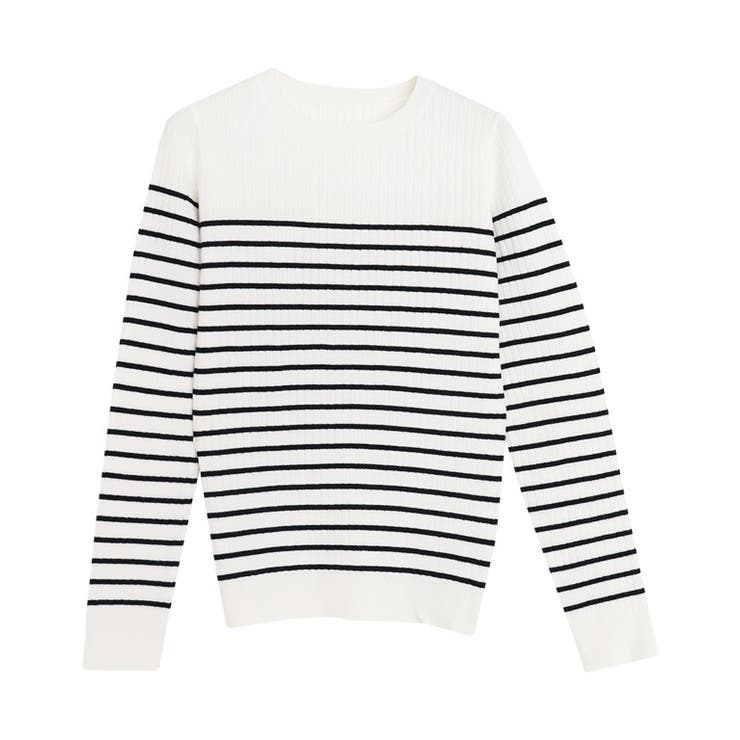 オフホワイト×ブラック | クルーネックシルクタッチウォッシャブルリブニット ニット シルクタッチ | Pierrot