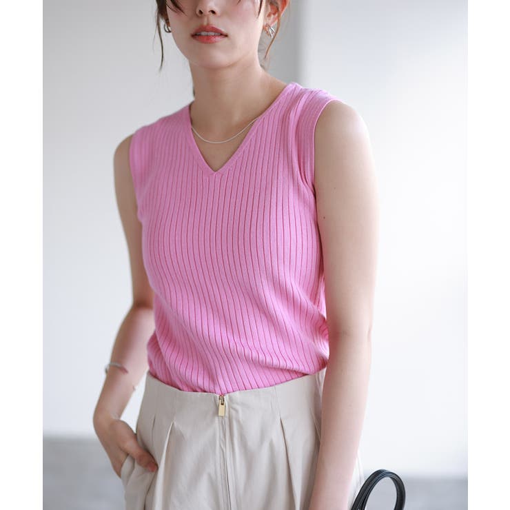 ピンク | シルクタッチウォッシャブルノースリーブリブニット ニット ノースリーブ | Pierrot