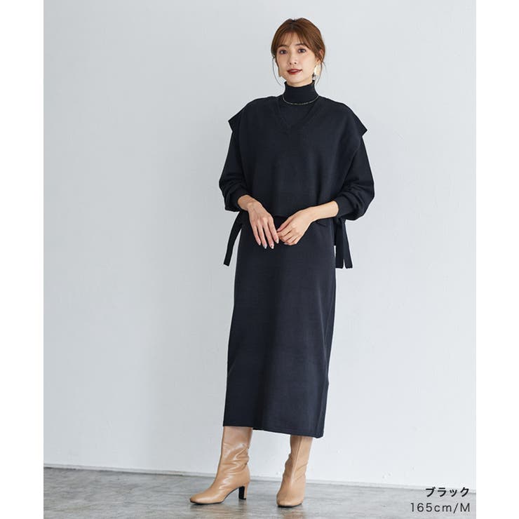 Vネックベスト×ワンピースセットアップ ニット セットアップ