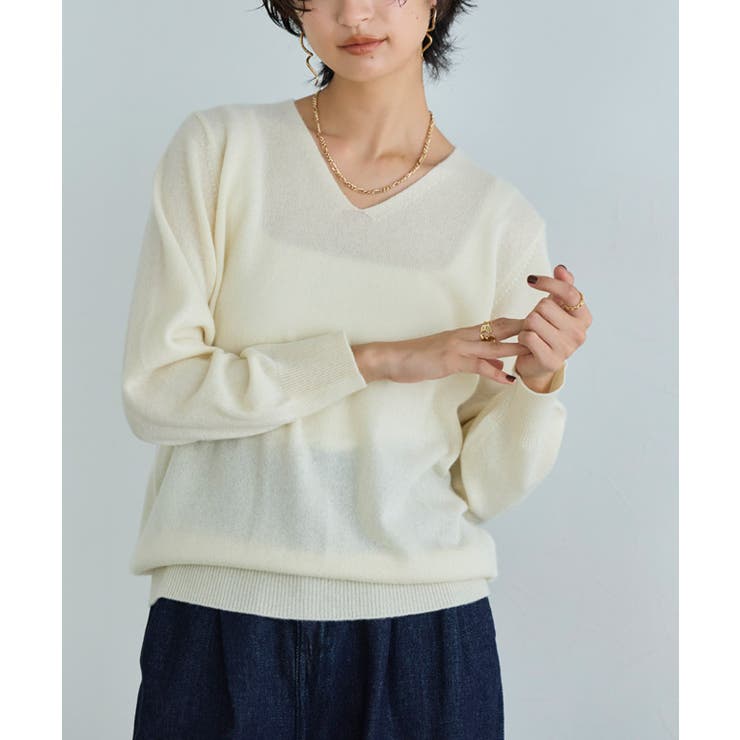 アイボリー | RASW カシミヤ100％Vネックニット セーター ベーシック 冬 | Pierrot