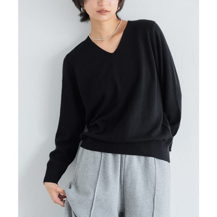 ブラック | RASW カシミヤ100％Vネックニット セーター ベーシック 冬 | Pierrot