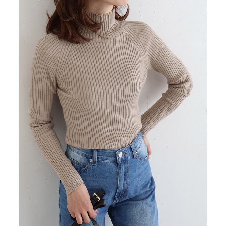 グレージュ | ストレッチリブハイネックニット ニット リブニット | Pierrot