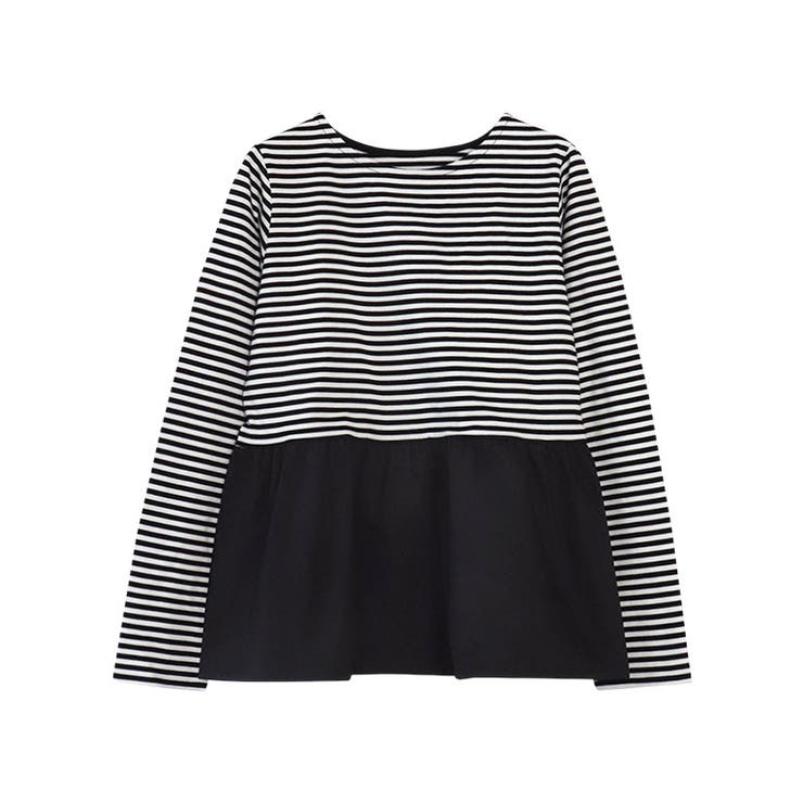 ボーダー/ブラック | 異素材ドッキングフリルギャザーカットソー トップス カットソー | Pierrot