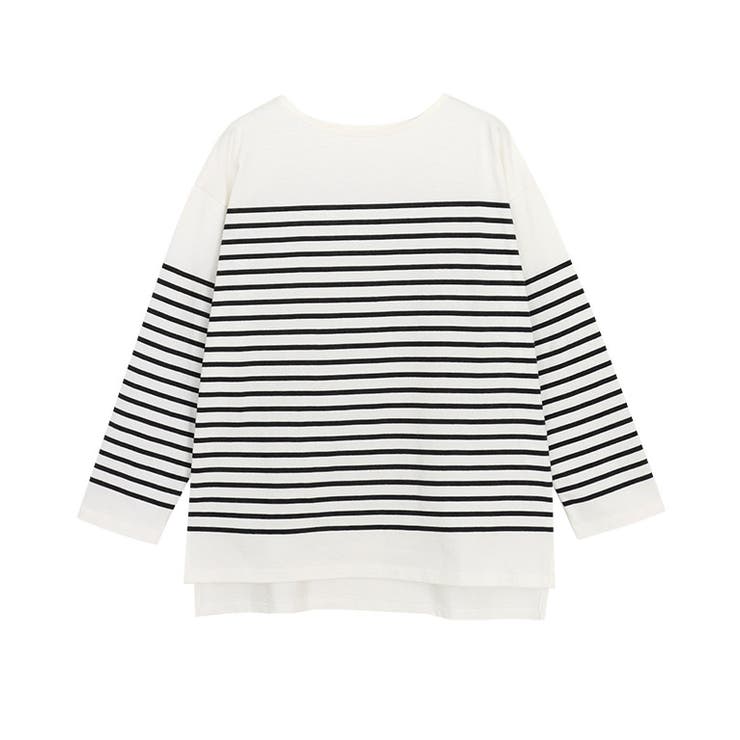 オフホワイト×ブラック | ボーダーチュニックルーズプルオーバー Tシャツ カットソー | Pierrot