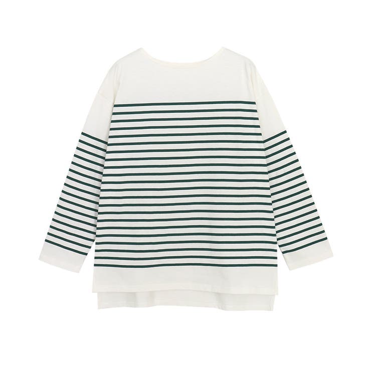 オフホワイト×グリーン | ボーダーチュニックルーズプルオーバー Tシャツ カットソー | Pierrot