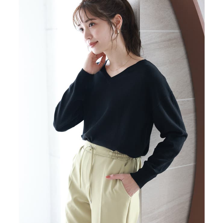 ブラック | ネックが選べる綿100％ニット ニット 綿100％ | Pierrot