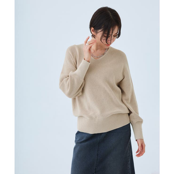 綿100％Vネックニット ニット コットン100[品番：PRTW0004101
