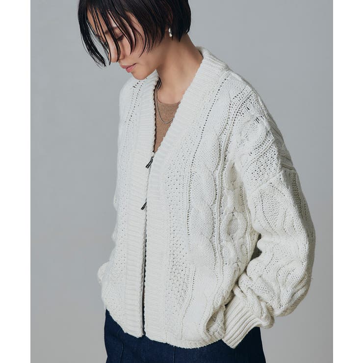 ウール混ケーブルジップカーディガン カーディガン ジップ[品番