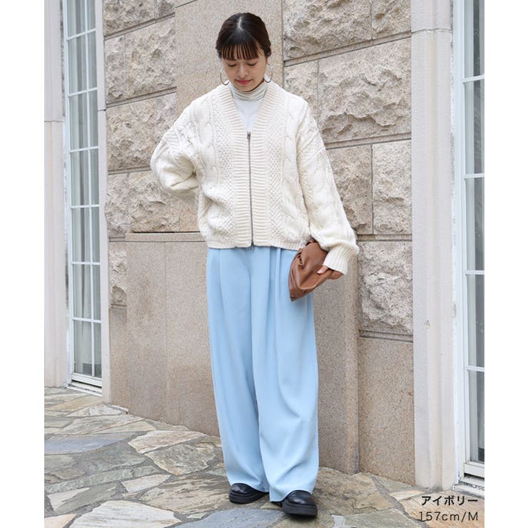 ウール混ケーブルジップカーディガン カーディガン ジップ[品番