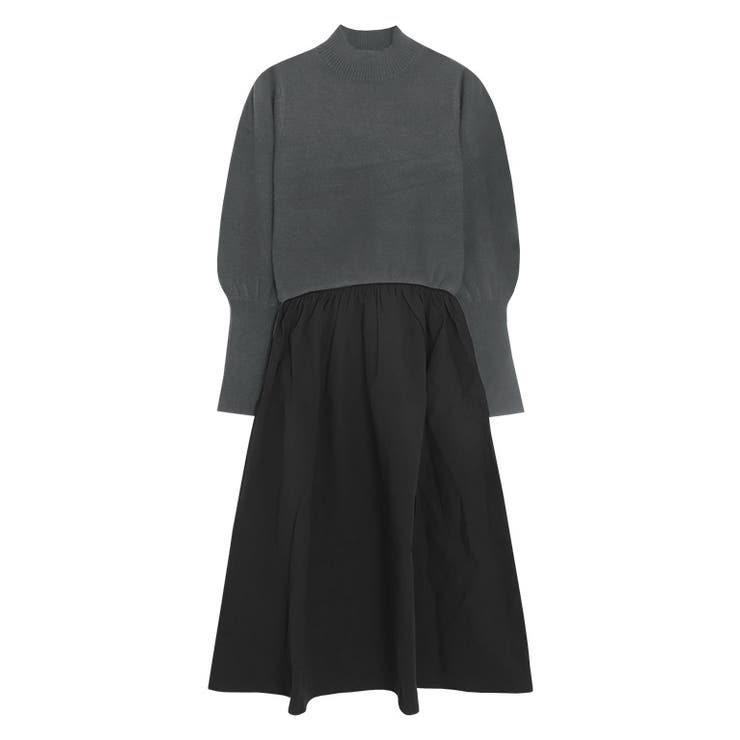 チャコール×ブラック | 異素材ドッキングボリュームスリーブワンピース ワンピース フェミニン | Pierrot