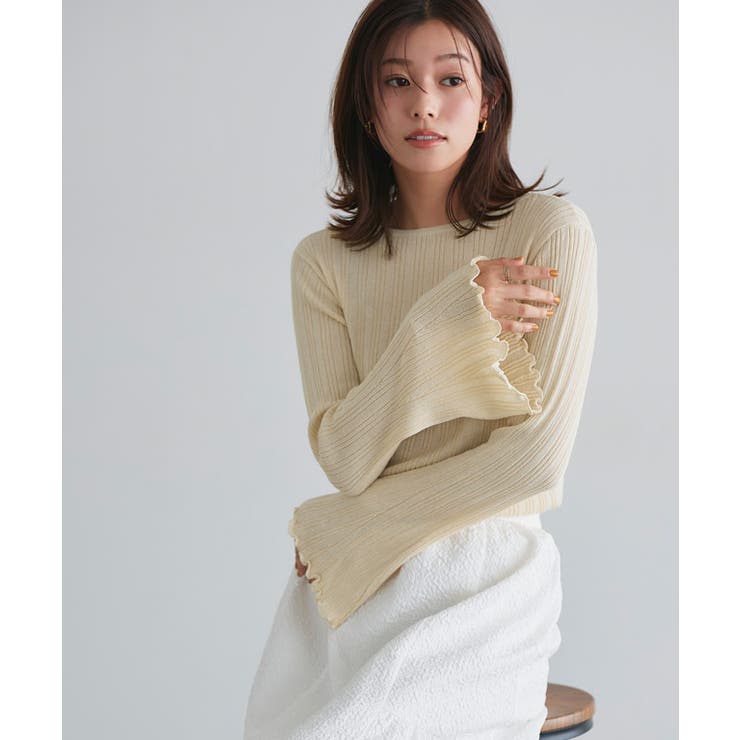ライトベージュ | シアーフレアスリーブリブニット リブニット シアー | Pierrot