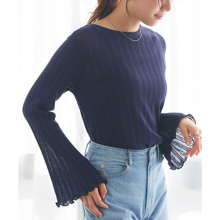 ネイビー | シアーフレアスリーブリブニット リブニット シアー | Pierrot